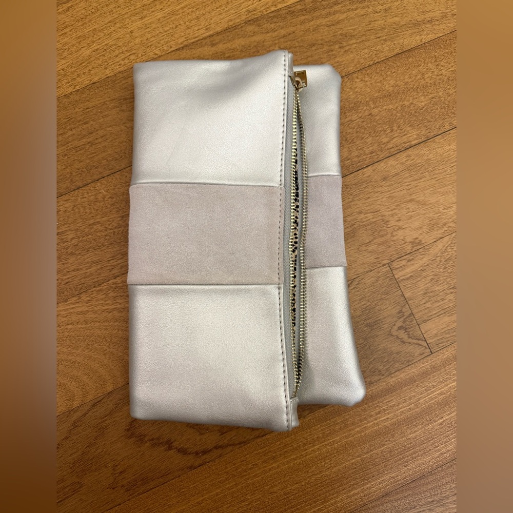 Silver Leather Foldover Clutch with Suede Panel
